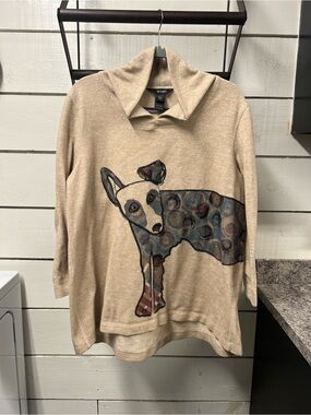 Ali Miles Beige Tunic Sweater with Colorful Dog Motif